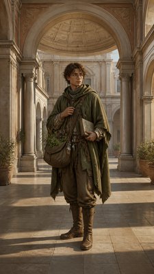 full-body original character: a wandering botanist with a satchel of plants, a patched green cloak, tall boots and round glasses, neutral background