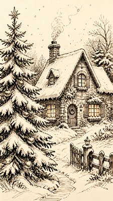 a snow-covered cottage with warm glowing windows beside a decorated pine tree, gentle snowfall, no text