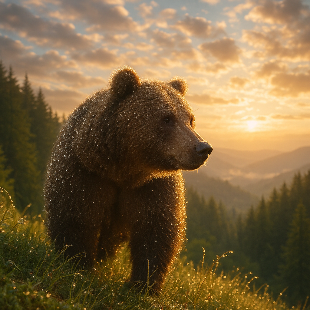 A grizzly bear on the edge of a forest on a mountain, overlooking a beautiful partly cloudy sky. Proverbs 17:12 KJV Let a bear robbed of her whelps meet a man, rather than a fool in his folly.