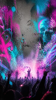 a live music scene with a glowing stage and silhouetted crowd, energetic vertical composition with open space at the top, no text