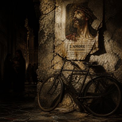 bicyle resting against a wall — Neapolitan Baroque Art Style