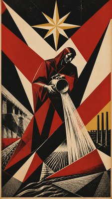 a robed figure pouring water beneath a large eight-pointed star in a night sky, symmetrical composition with an ornate decorative border, no text