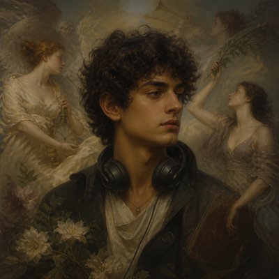 head-and-shoulders portrait of an original character: a young man with curly dark hair and headphones around his neck, plain backdrop, no text