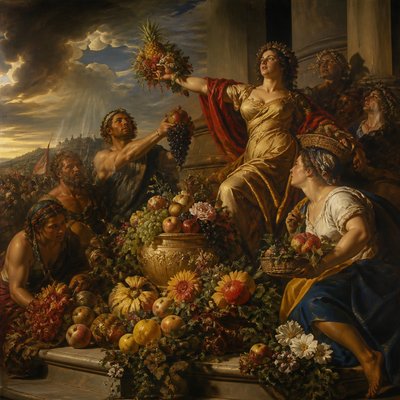 still life arrangement of fruits and flowers
