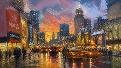 bustling city street panorama at dusk