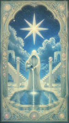 a robed figure pouring water beneath a large eight-pointed star in a night sky, symmetrical composition with an ornate decorative border, no text