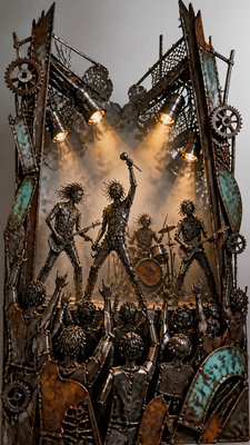 a live music scene with a glowing stage and silhouetted crowd, energetic vertical composition with open space at the top, no text