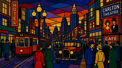 bustling city street panorama at dusk