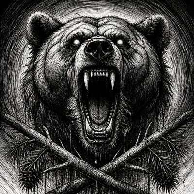 a roaring bear head above crossed pine branches, bold graphic composition on a plain background, no text
