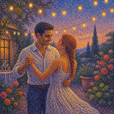 an original couple dancing under string lights in a garden at dusk: a man with short black hair in a linen shirt and a woman with braided red hair in a summer dress