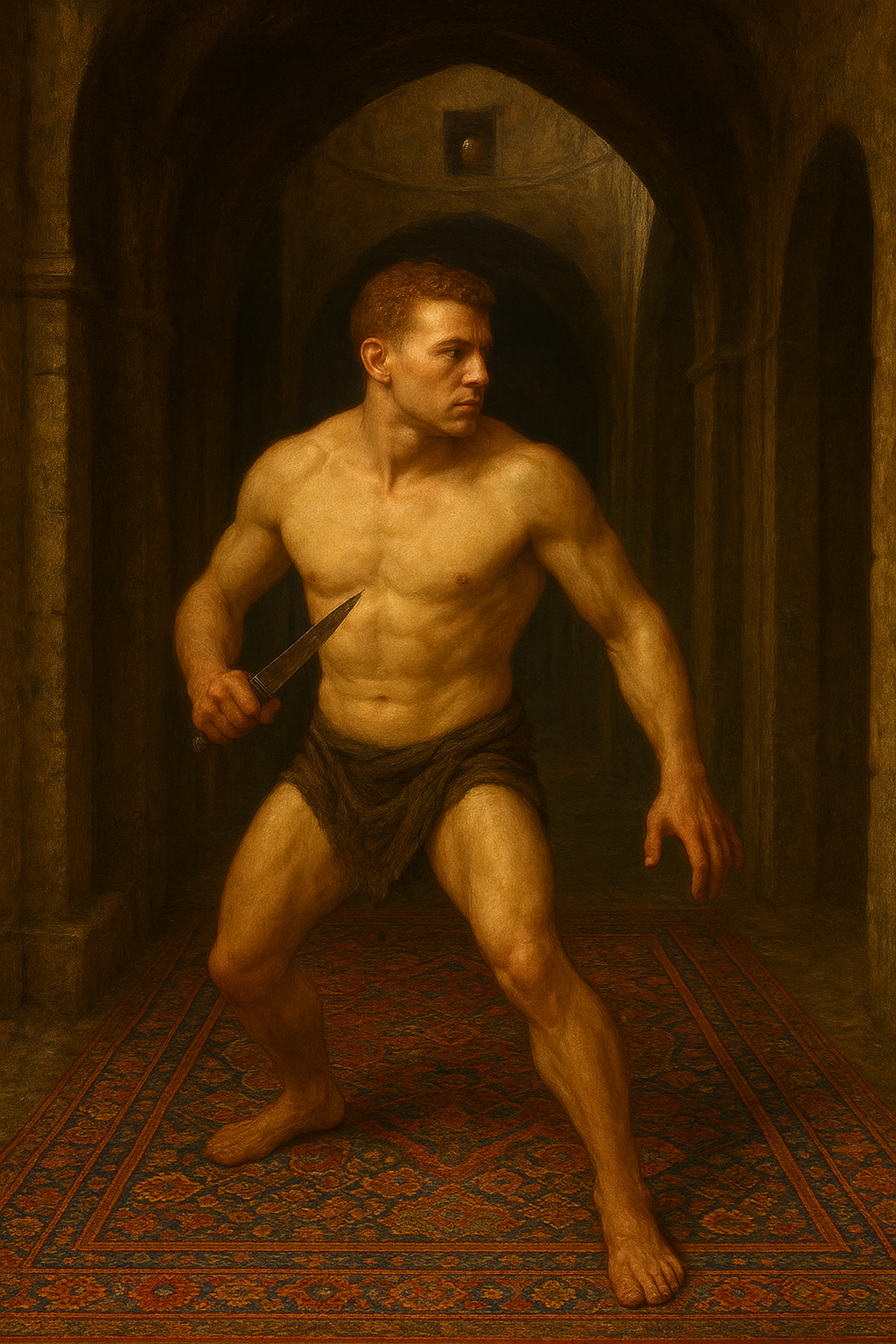 a painting of a man holding a pair of scissors