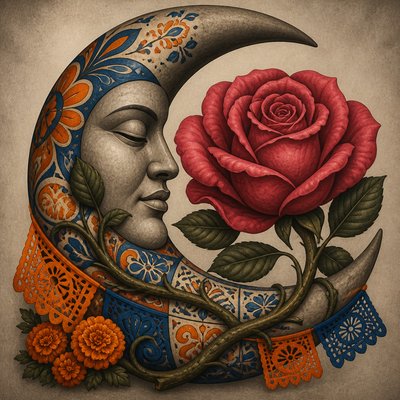 a rose entwined with a crescent moon, clean balanced composition on a plain background, no text