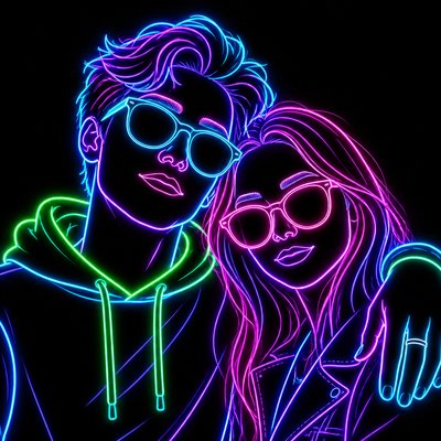 portrait of two people together — Neon Outline Style