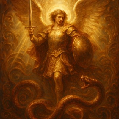 An Angel of God standing with full armor, sword, and shield, with massive wings, in front of a great serpent 