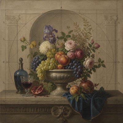 still life arrangement of fruits and flowers