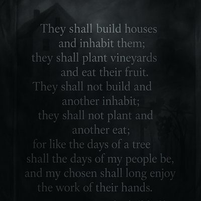 They shall build houses and inhabit them;
they shall plant vineyards and eat their fruit.

They shall not build and another inhabit;
they shall not plant and another eat;

for like the days of a tree shall the days of my people be,
and my chosen shall long enjoy the work of their hands. 