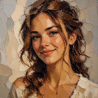 head-and-shoulders portrait of an original character: a young woman with wavy chestnut hair and a warm smile, plain soft backdrop