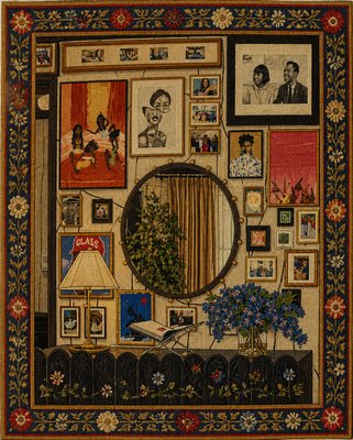 a picture of a room with pictures on the wall