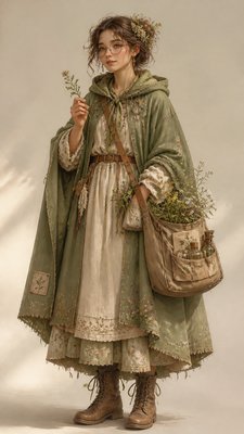 full-body original character: a wandering botanist with a satchel of plants, a patched green cloak, tall boots and round glasses, neutral background