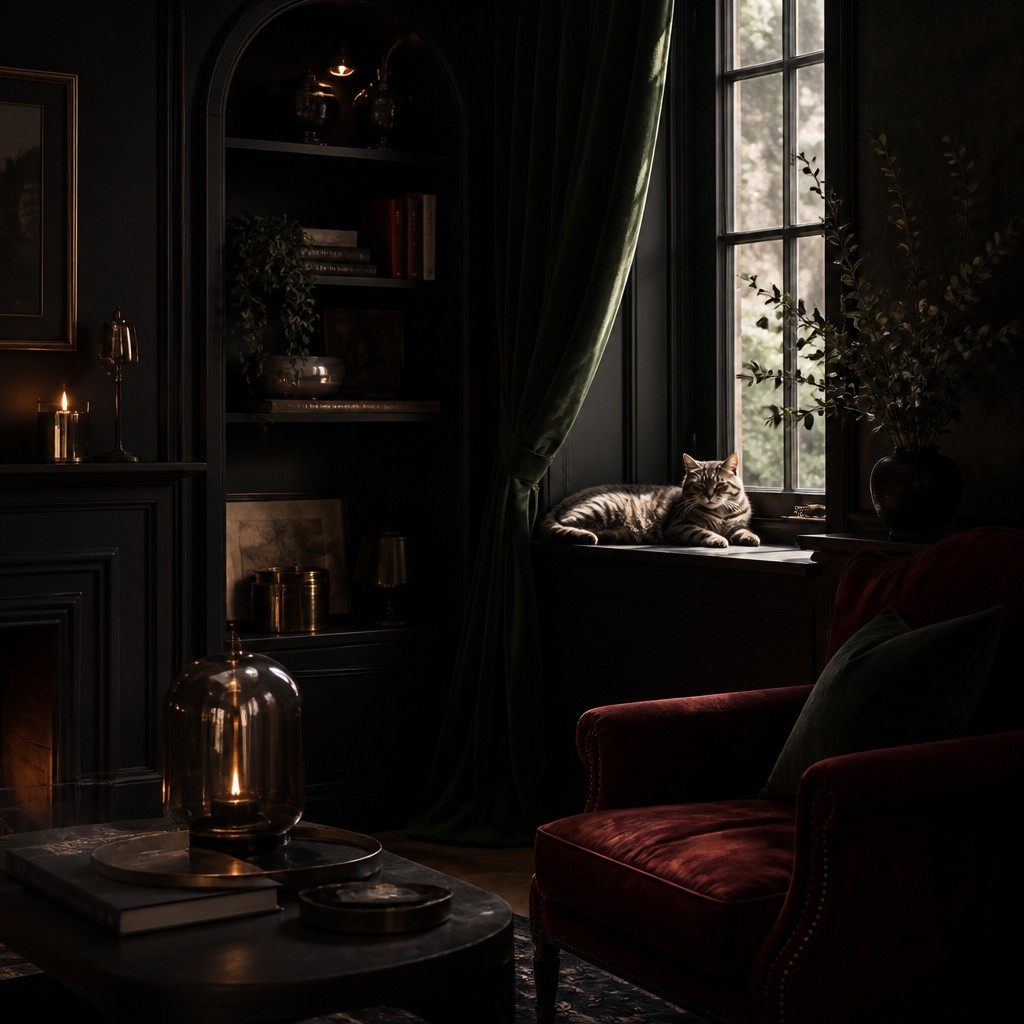 a cat lounging in a sunlit window — Dark Moody Interior Design