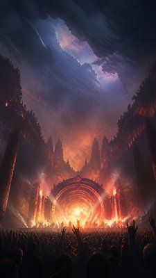 a live music scene with a glowing stage and silhouetted crowd, energetic vertical composition with open space at the top, no text