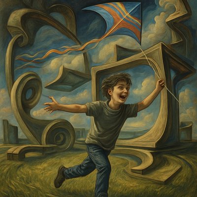 a painting of a boy flying a kite
