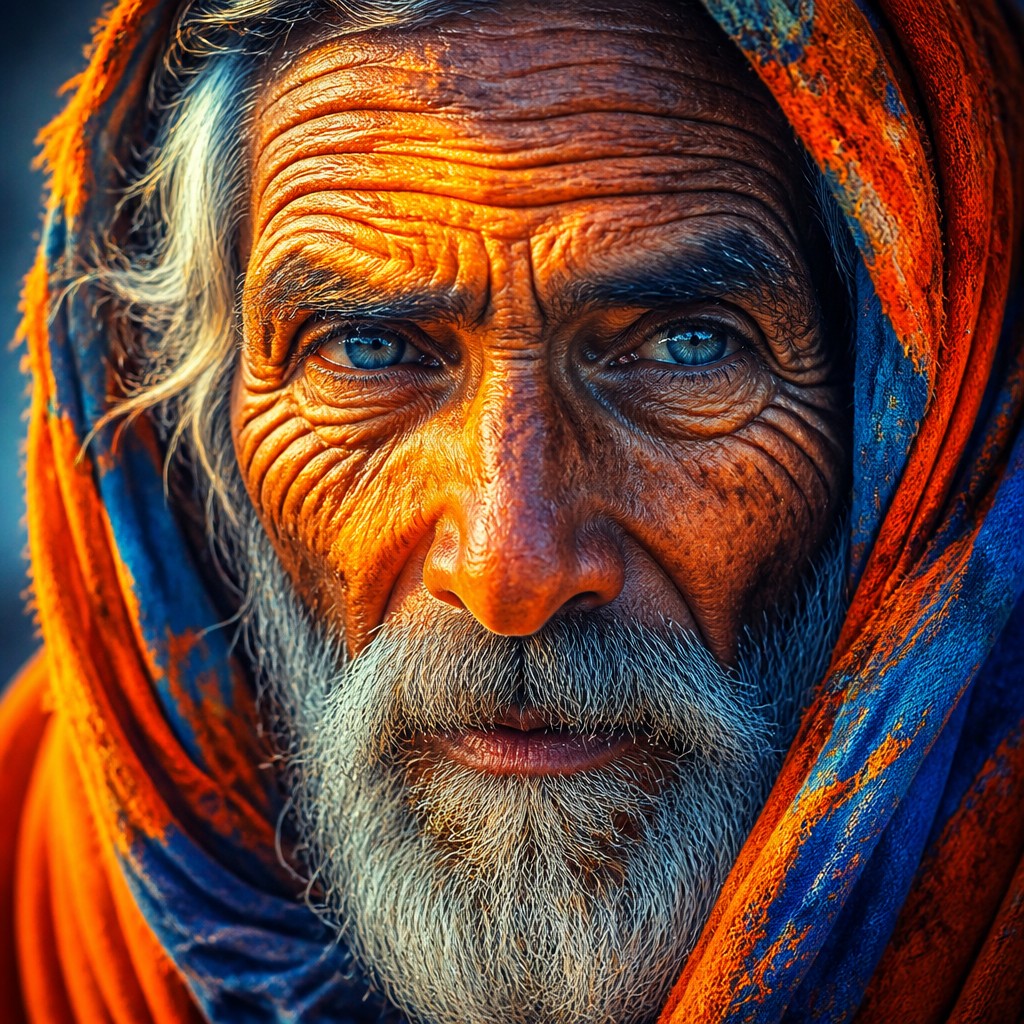 close-up portrait of an elderly person with expressive weathered features — Complementary Color Art Style