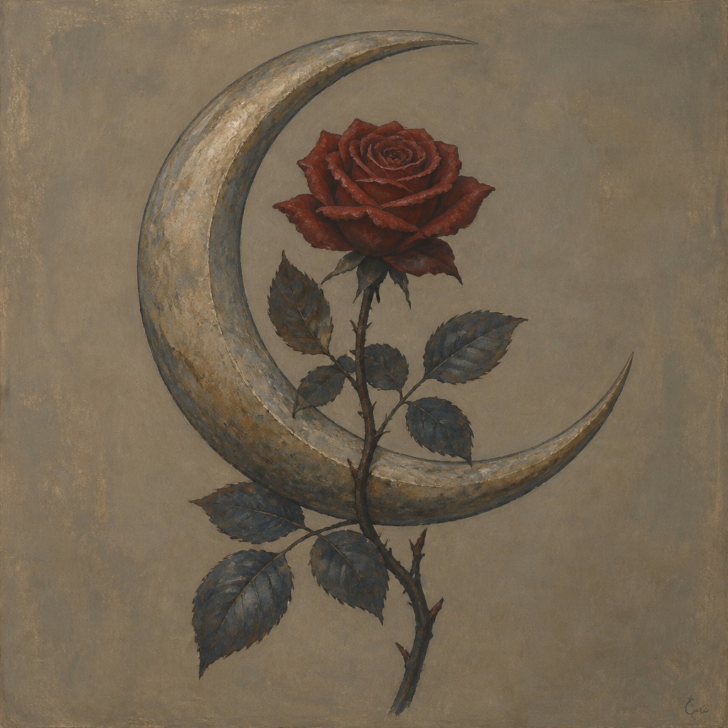 a rose entwined with a crescent moon, clean balanced composition on a plain background, no text