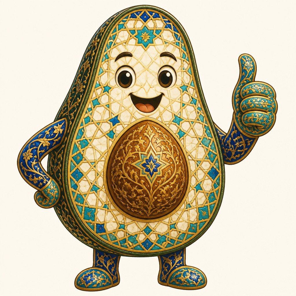 a happy avocado character giving a thumbs up, bold readable design on a plain background, no text