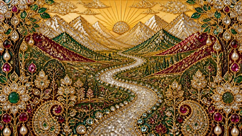 a vast valley with a river winding toward distant mountains at sunrise, no people, no text