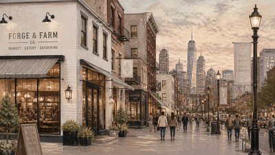 bustling city street panorama at dusk