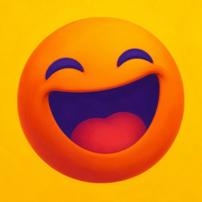 an exaggerated laughing face of an original round mascot character, bold and readable at small size, plain background, no text