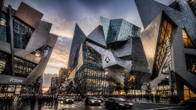 bustling city street panorama at dusk