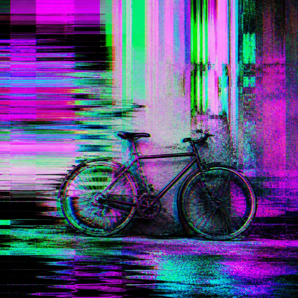 bicyle resting against a wall — Digital Glitch Abstract Art Style
