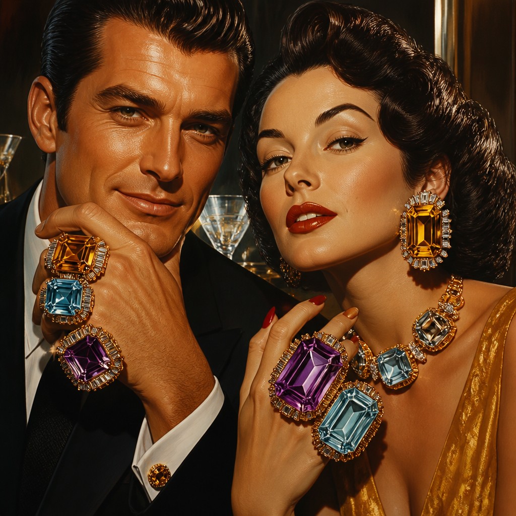 portrait of two people together — Cocktail Ring Era Jewelry Style