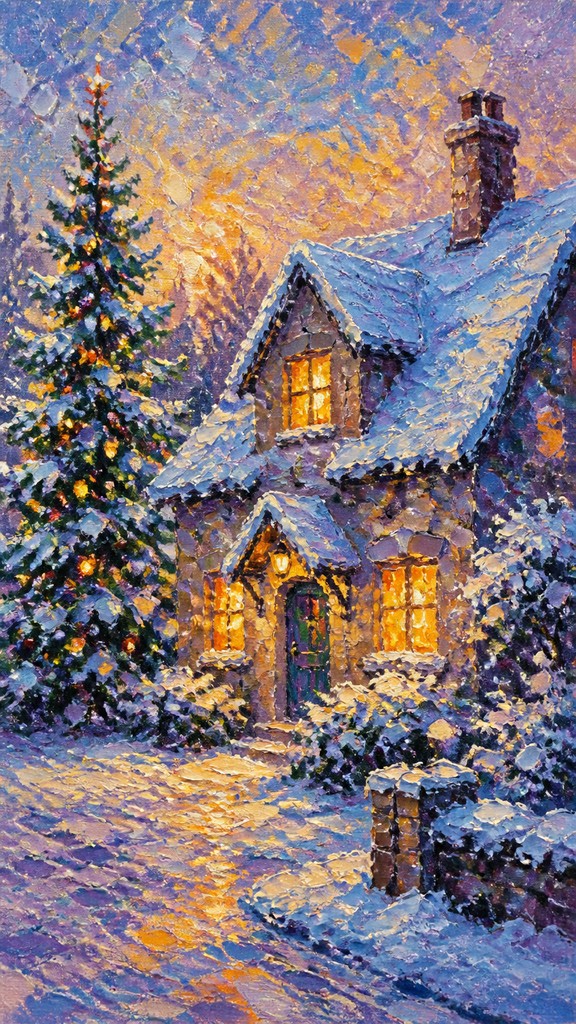a snow-covered cottage with warm glowing windows beside a decorated pine tree, gentle snowfall, no text