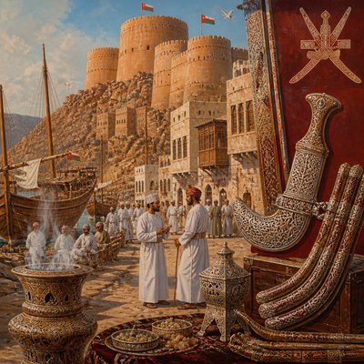 urban street with city activity — Omani Art Style