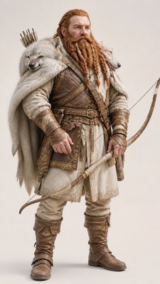 full-body original character: a dwarven ranger with a braided auburn beard, worn leather armor, a longbow and a wolf-pelt cloak, neutral background, no text