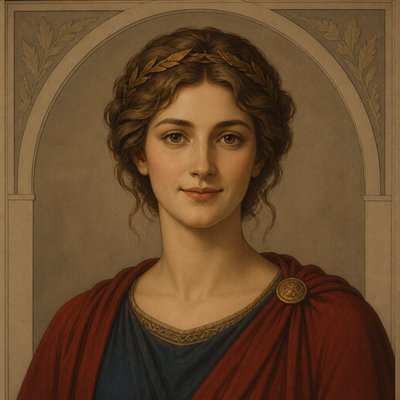 head-and-shoulders portrait of an original character: a young woman with wavy chestnut hair and a warm smile, plain soft backdrop