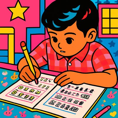 a young boy sitting at a table writing on a piece of paper