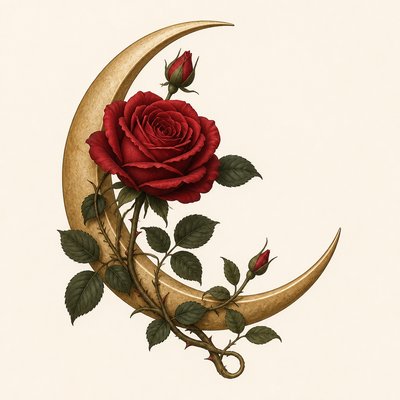 a rose entwined with a crescent moon, clean balanced composition on a plain background, no text