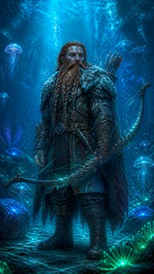 full-body original character: a dwarven ranger with a braided auburn beard, worn leather armor, a longbow and a wolf-pelt cloak, neutral background, no text