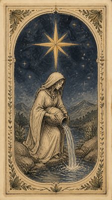 a robed figure pouring water beneath a large eight-pointed star in a night sky, symmetrical composition with an ornate decorative border, no text