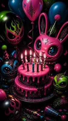 a birthday cake with lit candles surrounded by balloons and confetti, festive vertical composition, no text