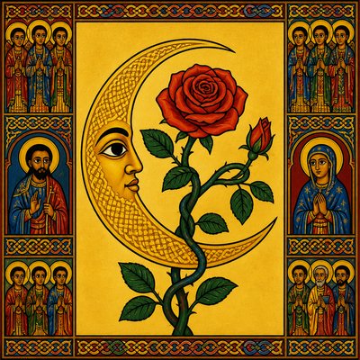 a rose entwined with a crescent moon, clean balanced composition on a plain background, no text