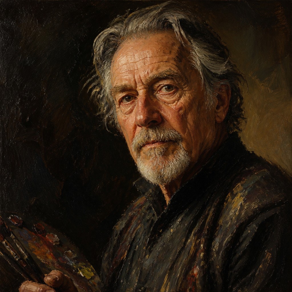 close-up portrait of an elderly person with expressive weathered features — Self-Portrait Painting Style