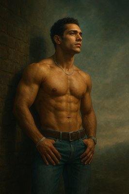 a painting of a shirtless man standing in front of a brick wall