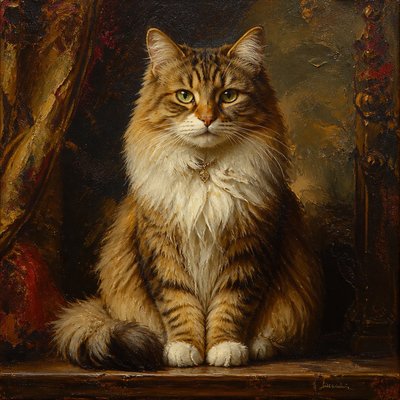 a fluffy cat sitting upright, looking at the viewer