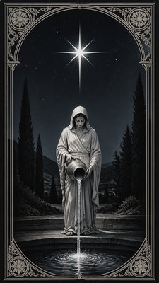 a robed figure pouring water beneath a large eight-pointed star in a night sky, symmetrical composition with an ornate decorative border, no text