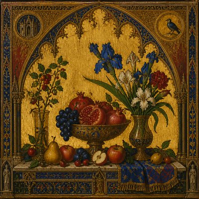 still life arrangement of fruits and flowers